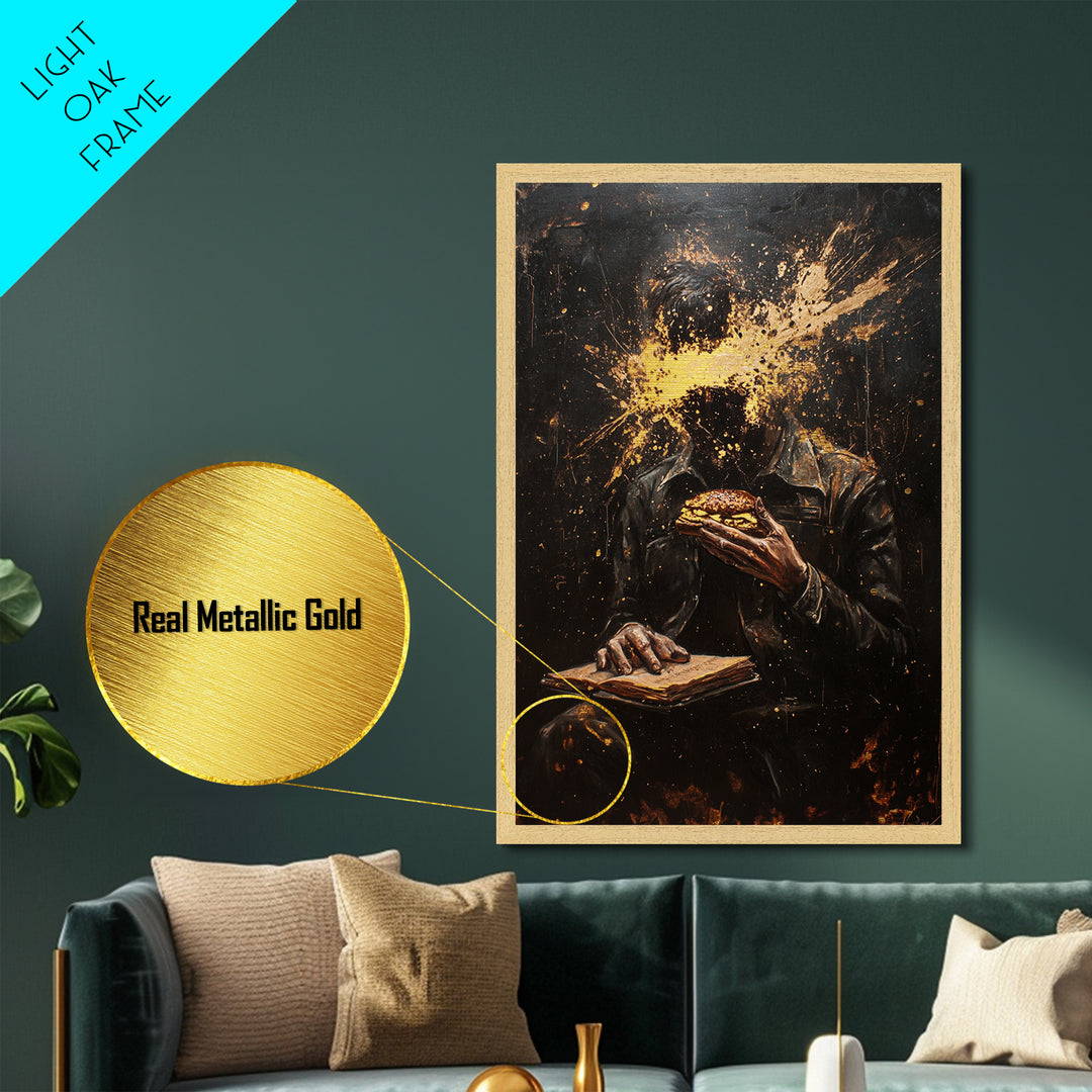 Haunted Horror Burger Painting, Metallic Gold Art Metal Art, Creepy Halloween Gothic Wall Decor with Real Wood Frame