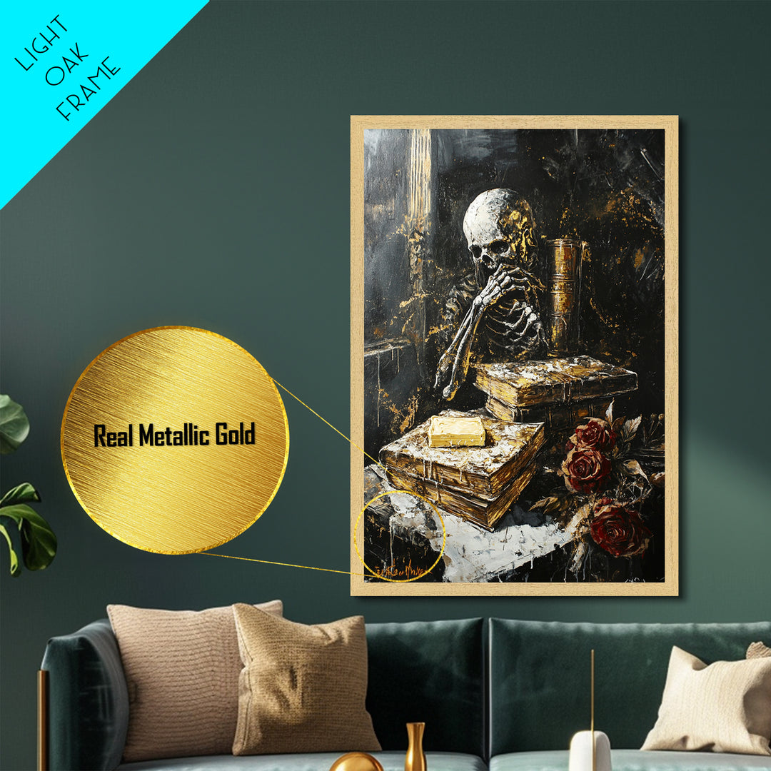 Skeleton Reading Gothic Books, Metallic Gold Art Metal Art, Haunted Spooky Season Halloween Artwork in Solid Wood Frame