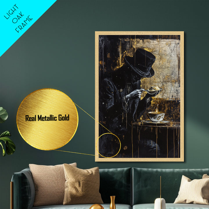Haunted Gentleman Dining Metallic Gold Art Gothic Metal Art with Real Wood Frame | Spooky Halloween Wall Decor