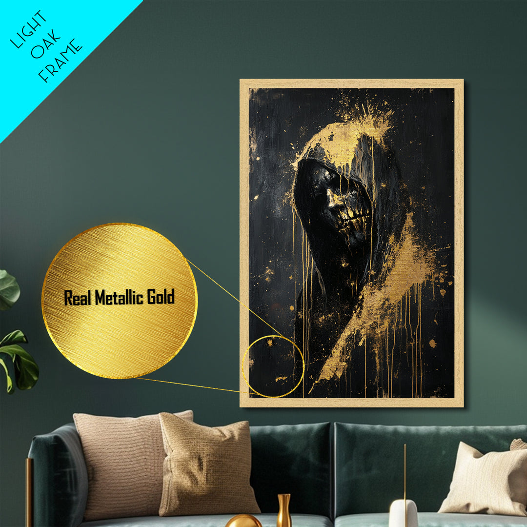Creepy Hooded Horror Portrait Metallic Gold Art Halloween Metal Art Framed in Natural Wood | Gothic Scary Wall Hanging