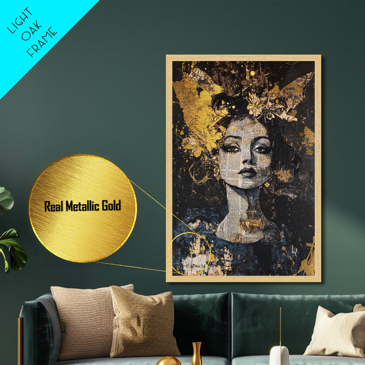 Witchy Woman Collage Metallic Gold Art Gothic Metal Art with Newspaper Texture | Spooky Portrait Wall Art in Real Wood Frame