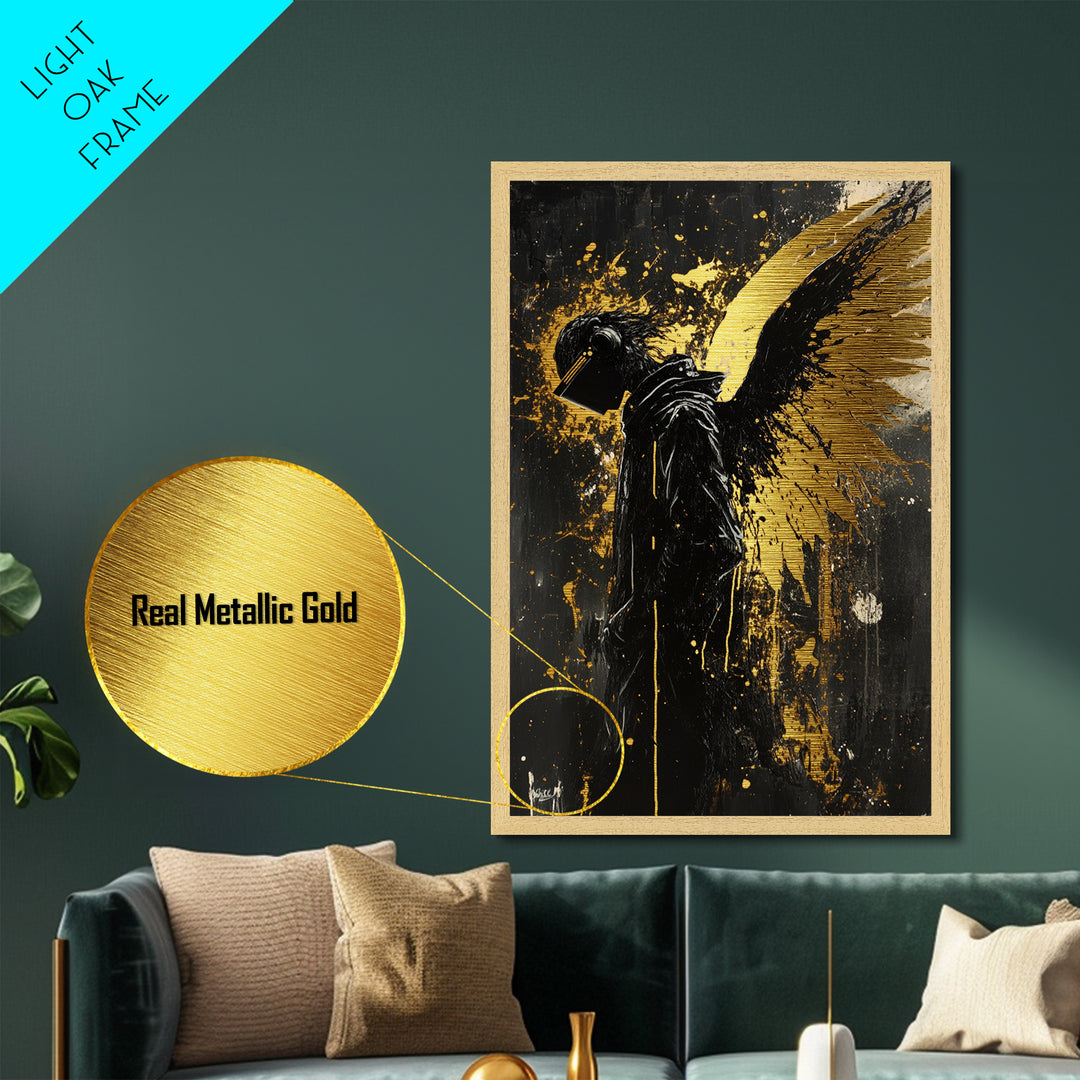 Dark Angel with Golden Wings Metallic Gold Art Gothic Metal Art | Spooky Season Decor Framed in Natural Wood