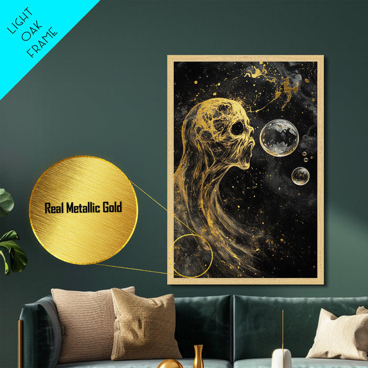 Ethereal Spirit Blowing Bubbles Metallic Gold Art Creepy Halloween Metal Art | Haunted Gothic Wall Art in Wood Frame