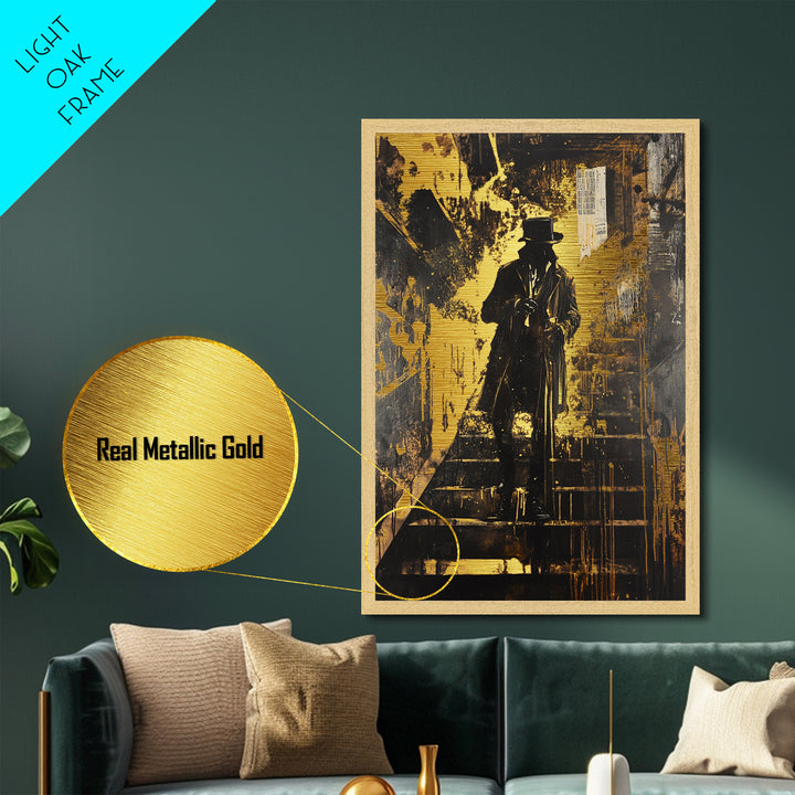 Victorian Gentleman on Stairs Metallic Gold Art Gothic Horror Metal Art | Spooky Halloween Wall Decor with Real Wood Frame