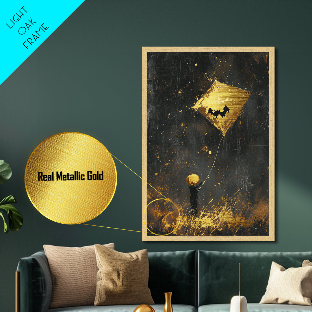 Pumpkin Head Kite Flying Metallic Gold Art Whimsical Halloween Metal Art | Cute Spooky Wall Hanging Framed in Real Wood