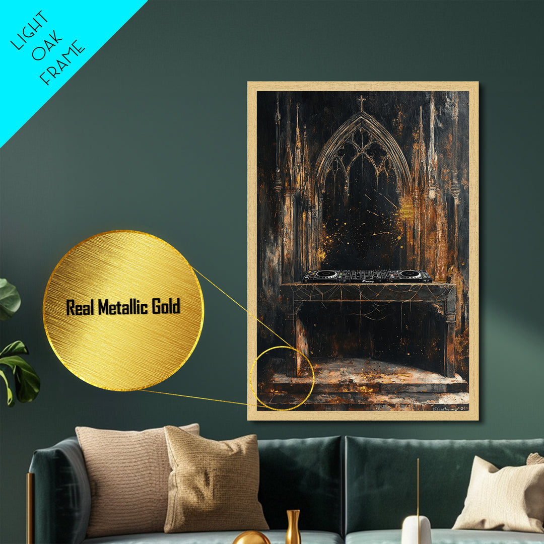 Haunted Cathedral DJ Booth Metallic Gold Art Gothic Metal Art | Creepy Church Halloween Wall Decor in Natural Wood Frame