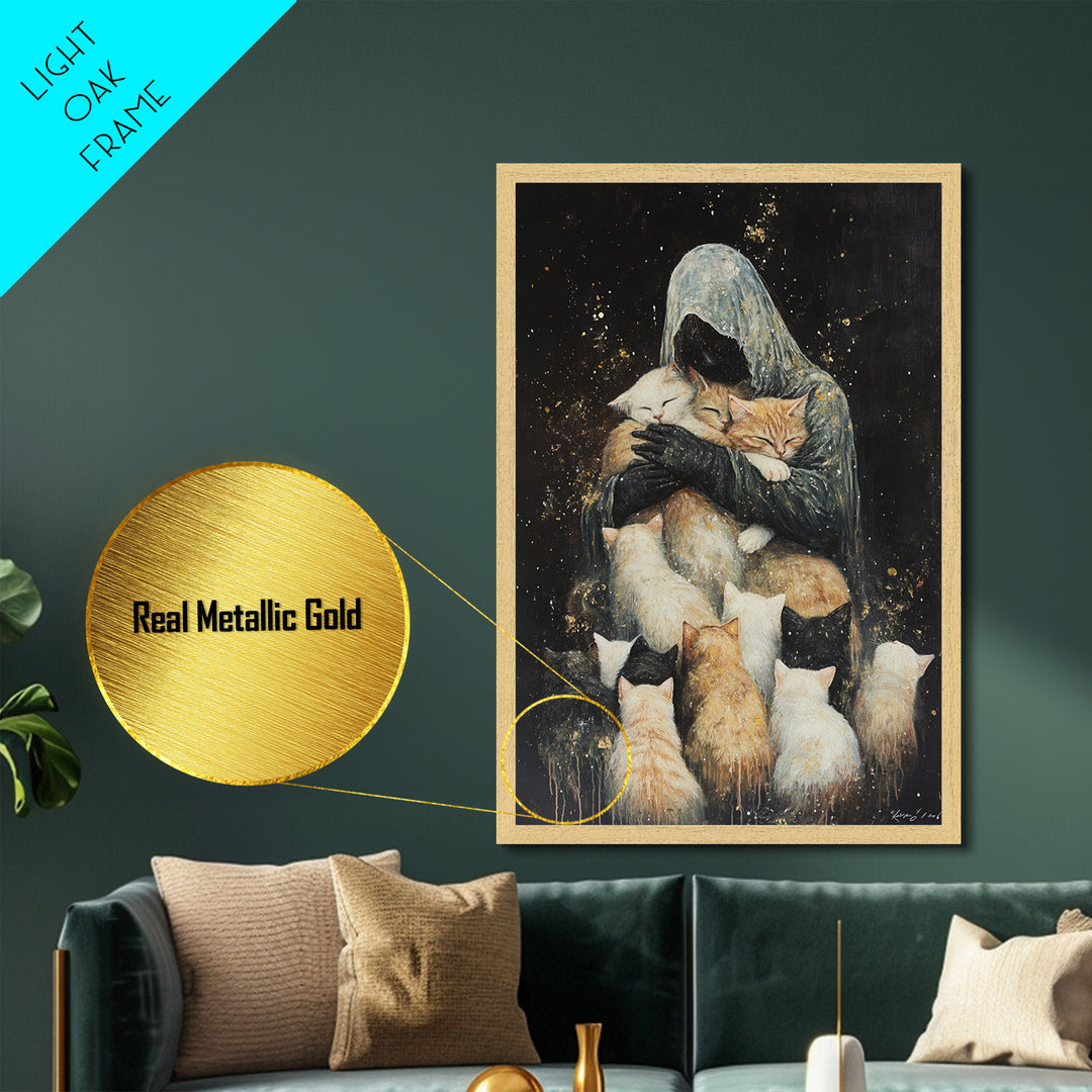 Grim Reaper with Cats Metallic Gold Art Whimsical Metal Art | Spooky Season Gothic Wall Art in Real Wood Frame