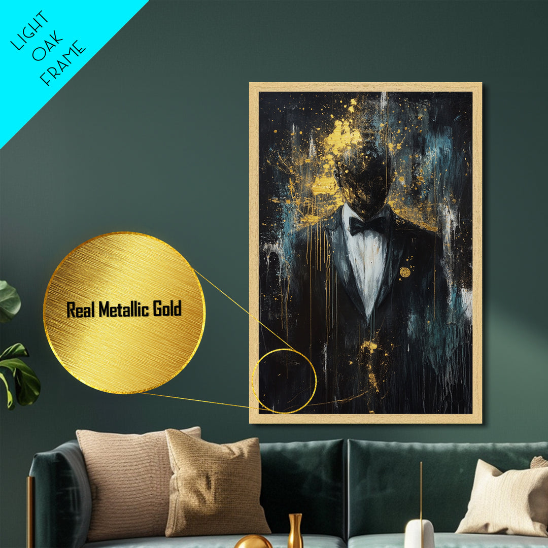 Spooky Gentleman in Tuxedo Metallic Gold Art, Gothic Haunted Portrait Metal Art with Real Wood Frame for Halloween Wall Decor