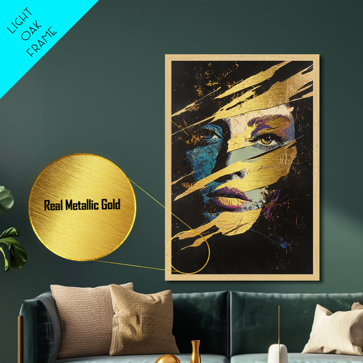 Witchy Woman Masked Portrait Metallic Gold Art, Spooky Season Horror Face Metal Art Framed in Natural Wood for Gothic Home