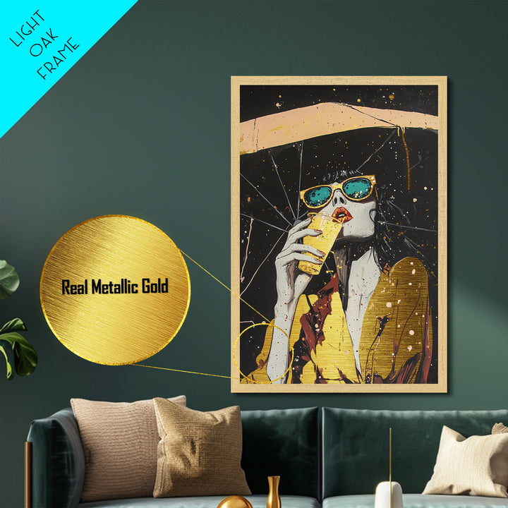 Retro Witchy Woman Drinking Metallic Gold Art, Spooky Season Metal Art with Real Wood Frame, Gothic Halloween Wall Accent