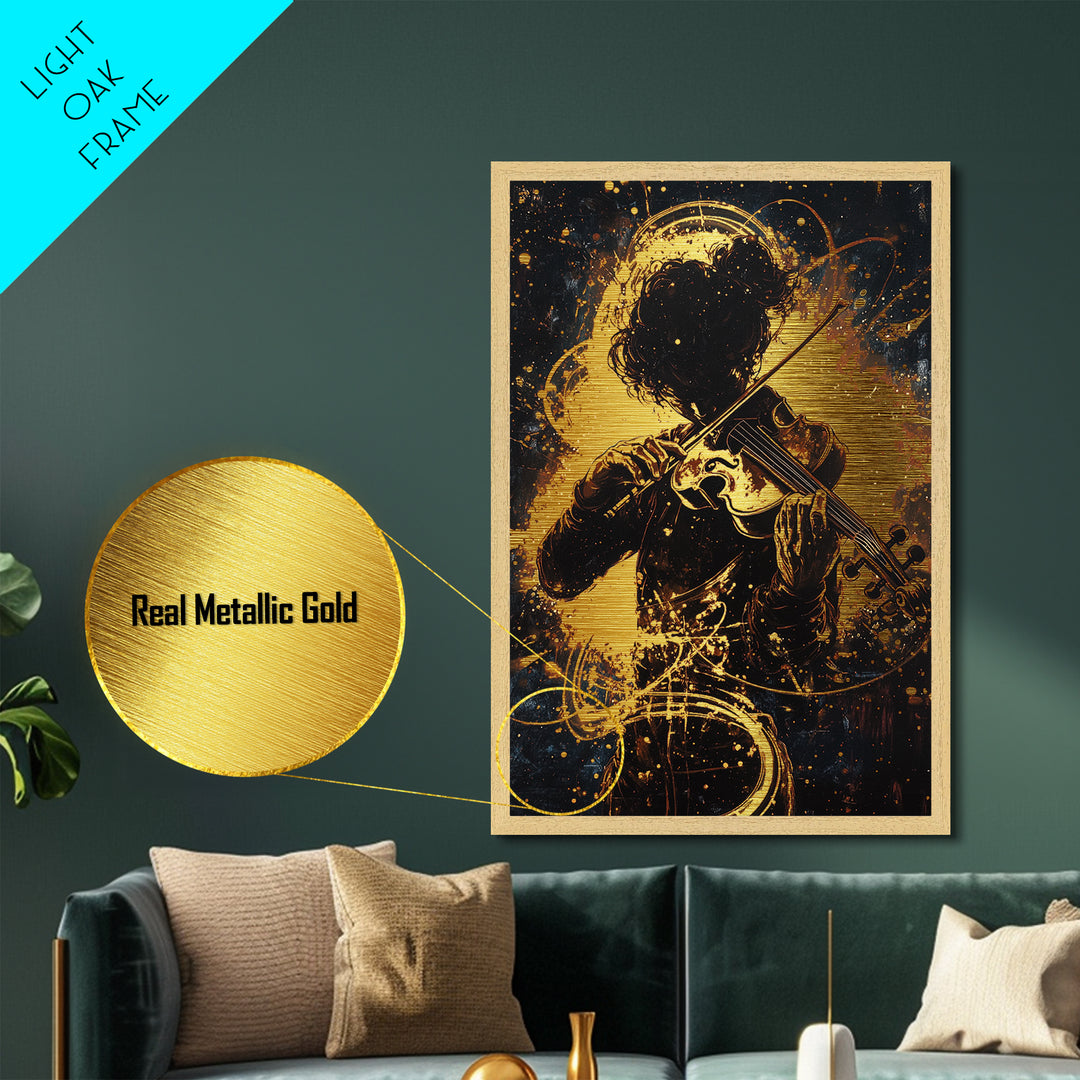 Violinist in Shadows Metallic Gold Art, Spooky Haunted Musician Metal Art Framed in Real Wood, Gothic Halloween Wall Hanging