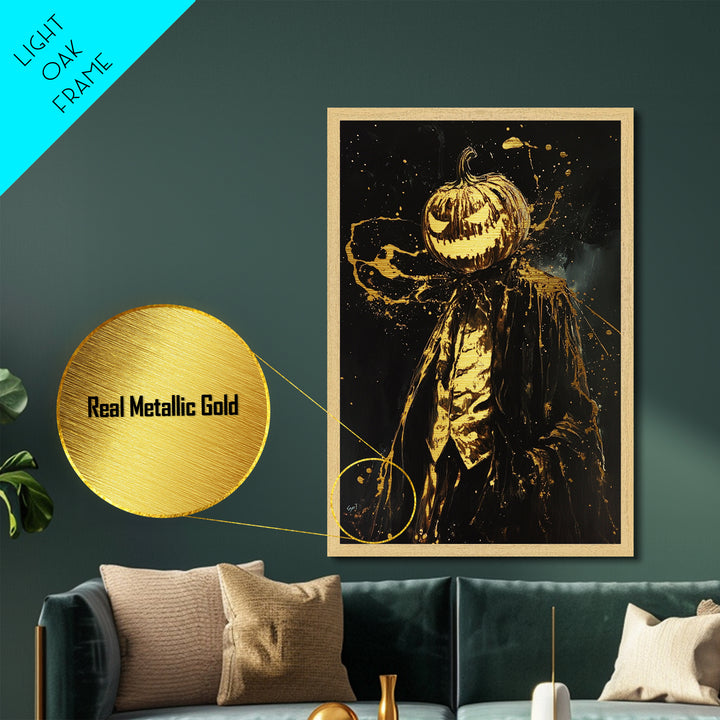 Pumpkin Head Horror Portrait Metallic Gold Art, Creepy Haunted Jack O Lantern Metal Art Framed with Real Wood for Halloween