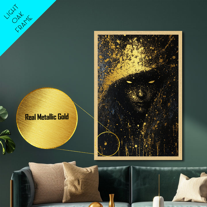 Eerie Shadow Figure Metallic Gold Art, Spooky Horror Season Haunted Eyes Metal Art with Real Wood Frame for Gothic Wall Decor