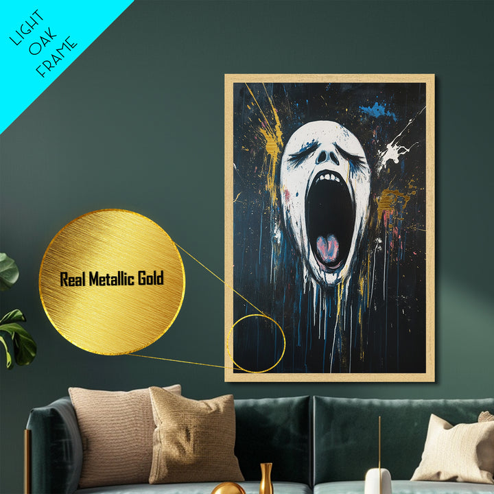 Screaming Horror Face Metallic Gold Art, Creepy Haunted Expressionist Metal Art Framed in Real Wood, Halloween Spooky Accent