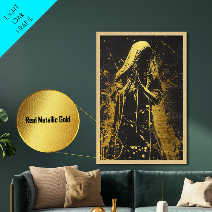 Dark Sacred Prayer Gothic Wall Hanging | Metallic Gold Art, Metal Art | Spooky Halloween Decor Framed in Natural Real Wood