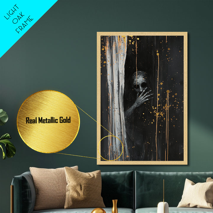 Creepy Skull Behind Curtain | Metallic Gold Art + Metal Art | Haunted Gothic Wall Decor, Real Wood Frame for Halloween Vibes