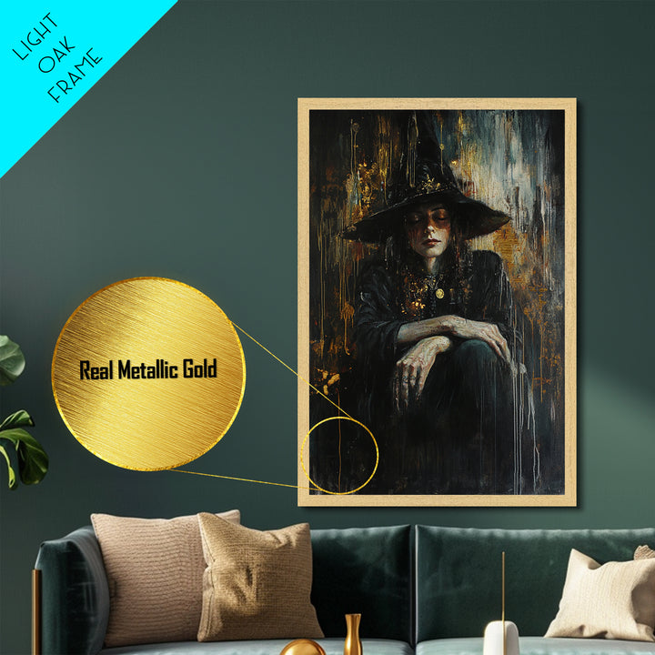 Witch in Shadows Gothic Portrait | Metallic Gold Art | Witchy Halloween Metal Art, Real Wood Frame for Spooky Wall Hanging