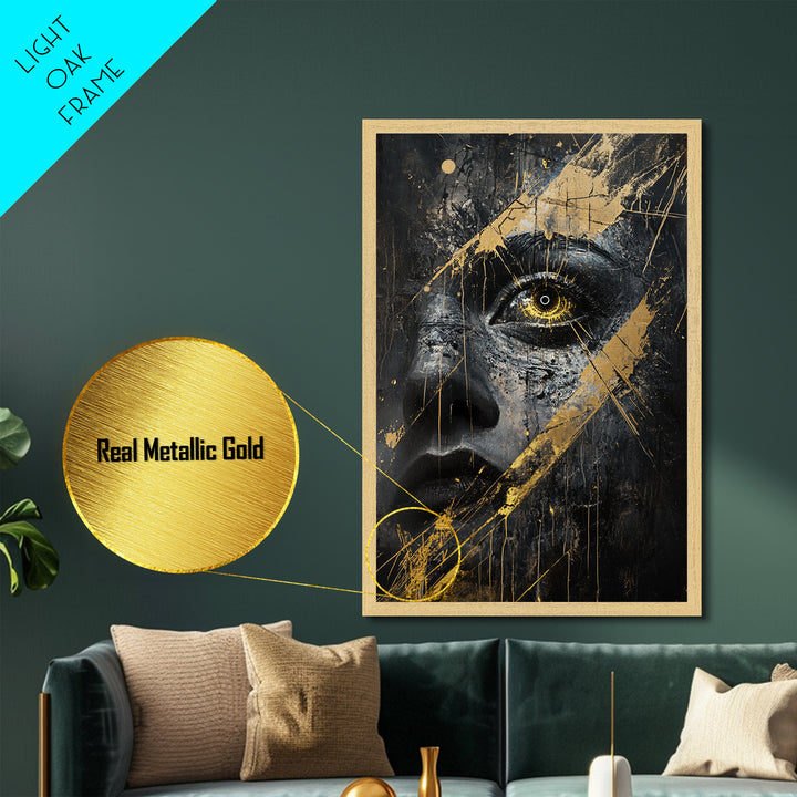 Golden Eye Haunted Portrait | Metallic Gold Art & Metal Art | Gothic Spooky Wall Decor, Real Wood Framed Halloween Artwork