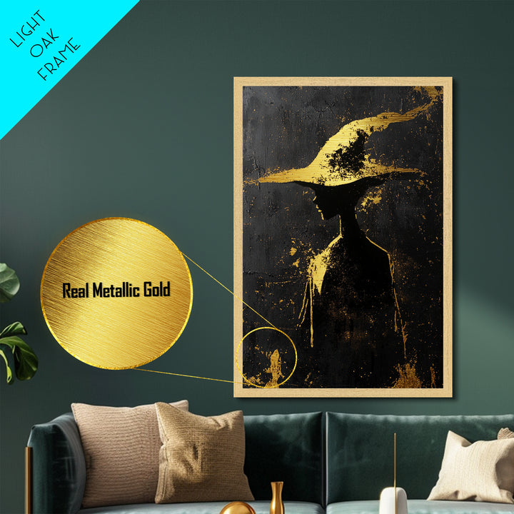 Witch Hat Silhouette Spooky Decor | Metallic Gold Art + Metal Art | Gothic Halloween Wall Hanging in Real Wood Frame