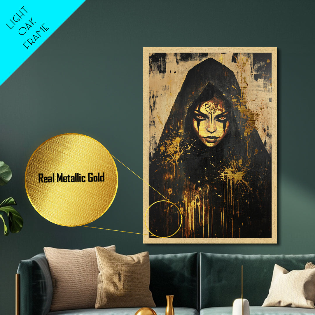 Cursed Priestess Gothic Portrait | Metallic Gold Art | Spooky Season Metal Art Decor, Real Wood Frame for Haunted Wall Art