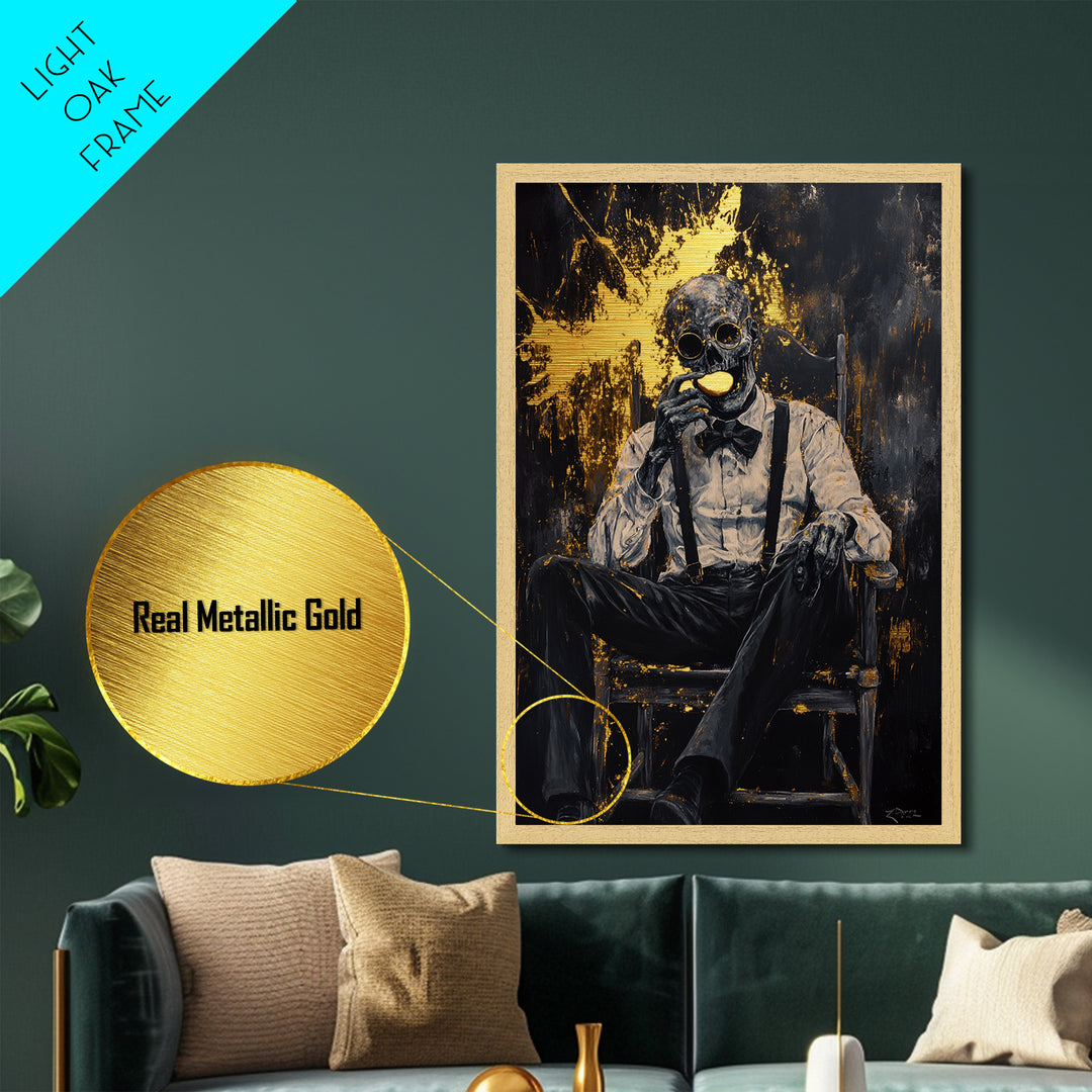 Skeleton Gentleman Gothic Wall Decor | Metallic Gold Art + Metal Art | Creepy Halloween Artwork, Real Wood Frame Display