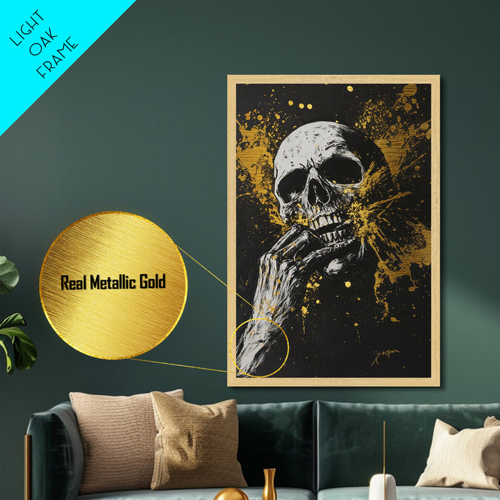 Haunted Skull Metallic Gold Art, Creepy Horror Skeleton Metal Art with Gothic Splatter Style, framed in natural real wood