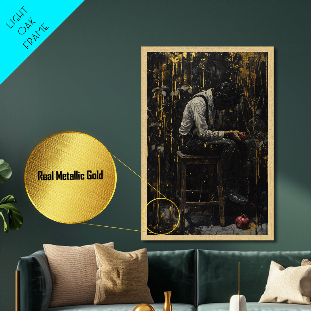 Spooky Gothic Metallic Gold Art, Dark Halloween Portrait Metal Art of Man with Pomegranate, mounted in handcrafted wood frame