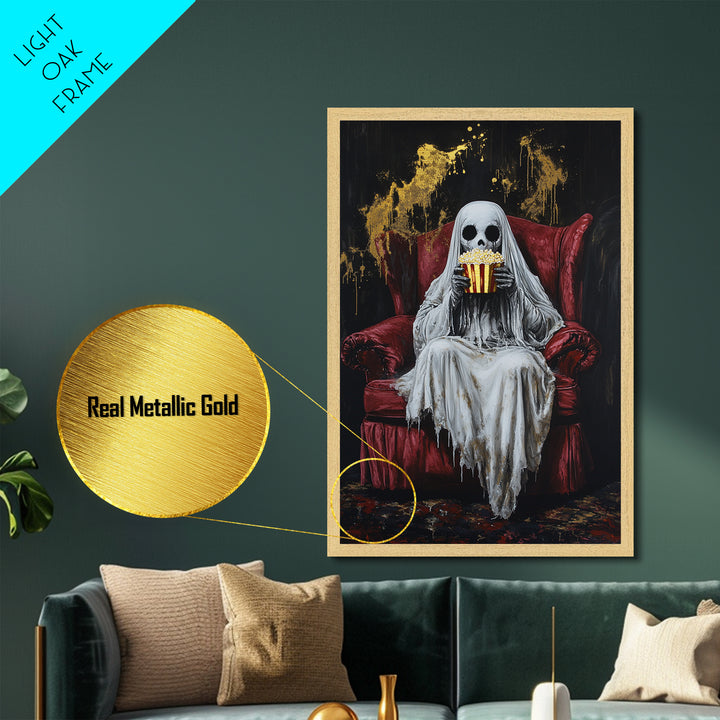 Ghostly Movie Night Metallic Gold Art, Creepy Skeleton Watching Horror Metal Art, Halloween Décor with real wood frame display
