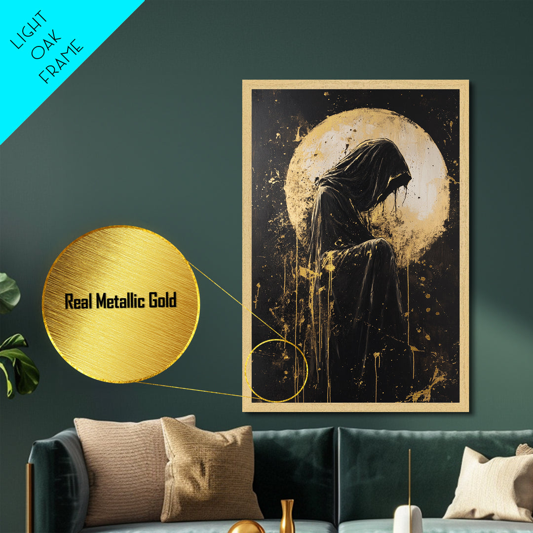 Grim Reaper Metallic Gold Art, Haunted Dark Hooded Figure Metal Art for Spooky Season, framed with natural real wood design