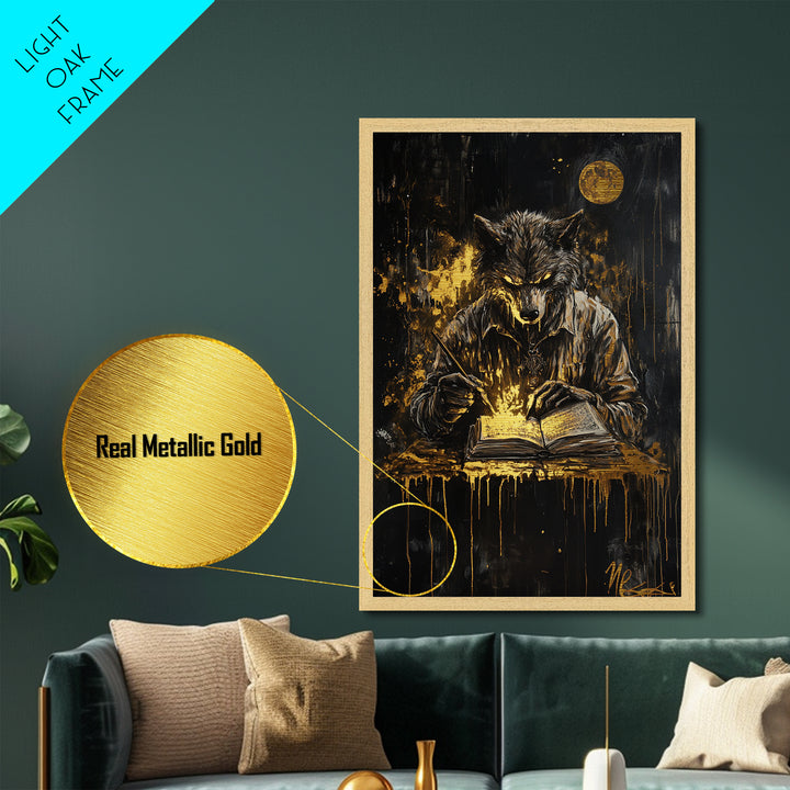 Werewolf Halloween Metallic Gold Art, Spooky Wolf Writing Spellbook Metal Art, glowing horror décor with real wood frame accent
