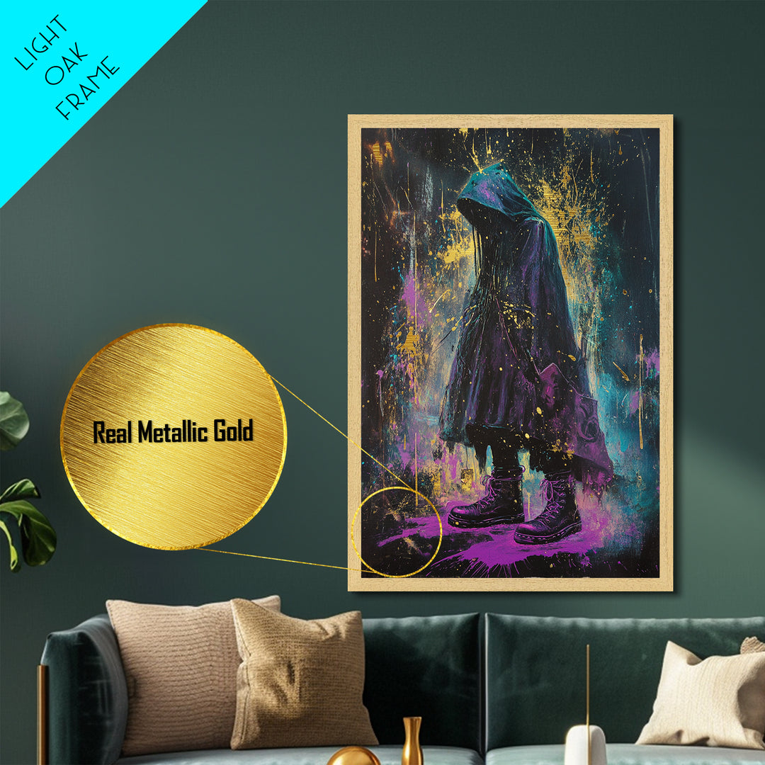 Witchy Hooded Figure Metallic Gold Art, Gothic Halloween Metal Art in Purple and Gold Splatter, real wood frame handmade design