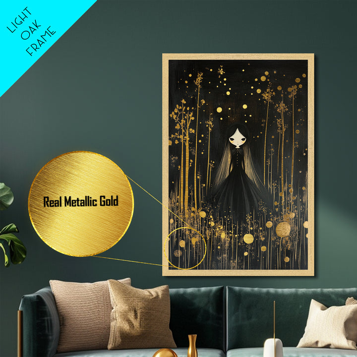 Spooky Cute Girl Metallic Gold Art, Creepy Halloween Witchy Doll Metal Art with Gold Forest Background, set in real wood frame