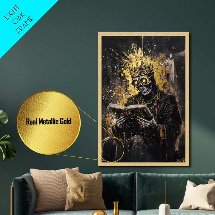 Haunted King Skeleton Metallic Gold Art, Gothic Crowned Figure Metal Art with Horror Style, framed in premium real wood décor