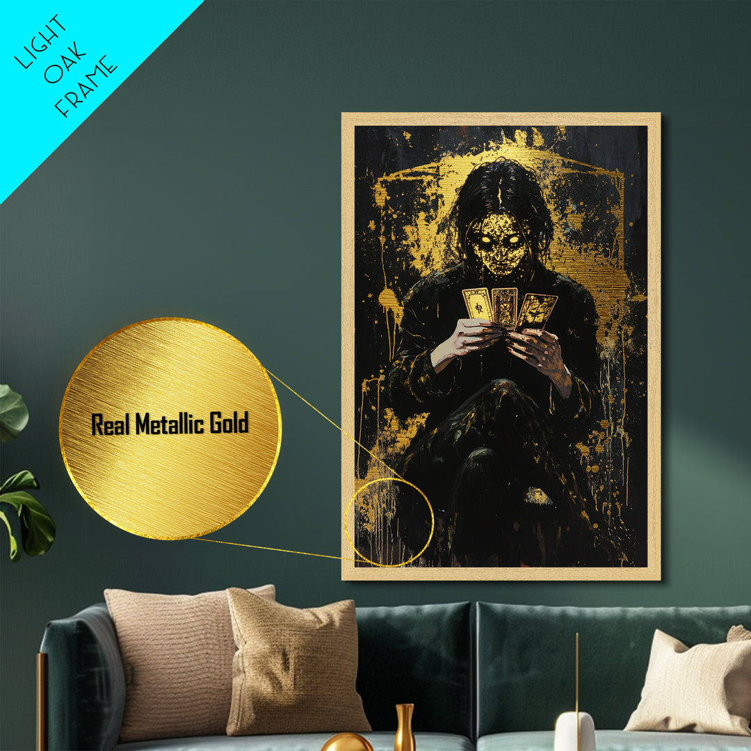 Tarot Witch Metallic Gold Art, Creepy Spooky Season Metal Art with Haunted Masked Fortune Teller, natural real wood frame finish