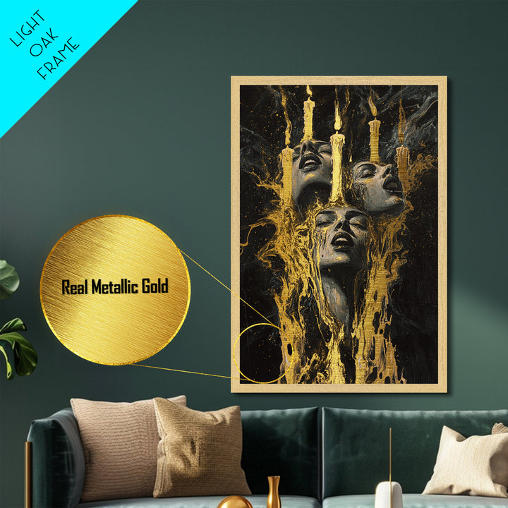 Haunted Candle Gothic Faces Metallic Gold Art, Spooky Season Horror Metal Art Wall Decor, framed in natural real wood