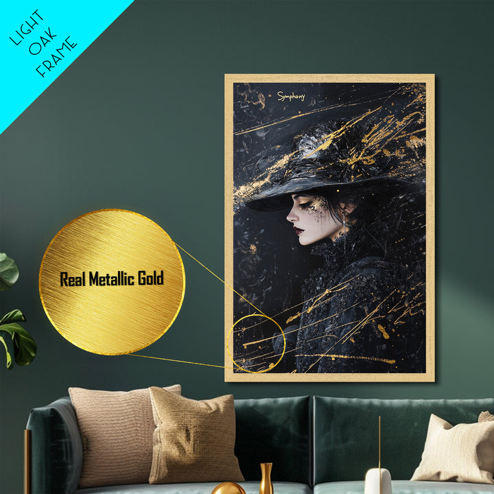 Witchy Woman Profile Metallic Gold Art, Gothic Spooky Season Metal Art Portrait, handcrafted and framed in real wood