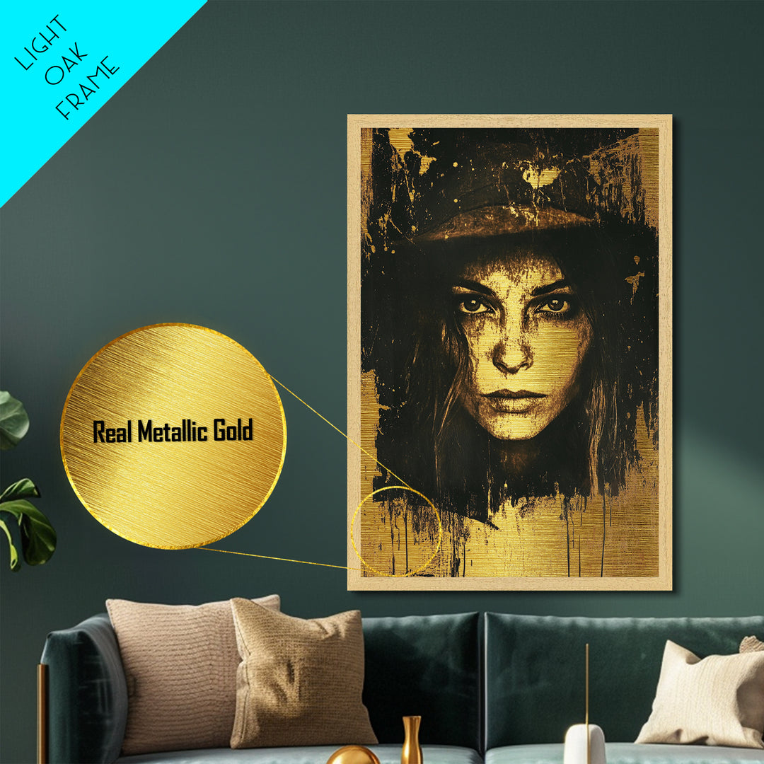 Creepy Sepia Horror Portrait Metallic Gold Art, Spooky Gothic Woman Face Metal Art Wall Decor, in solid real wood frame