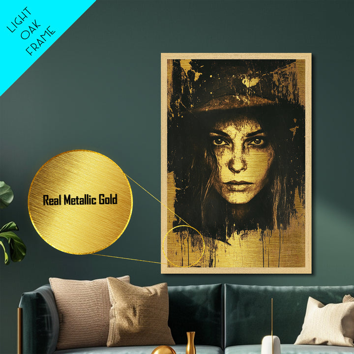 Creepy Sepia Horror Portrait Metallic Gold Art, Spooky Gothic Woman Face Metal Art Wall Decor, in solid real wood frame