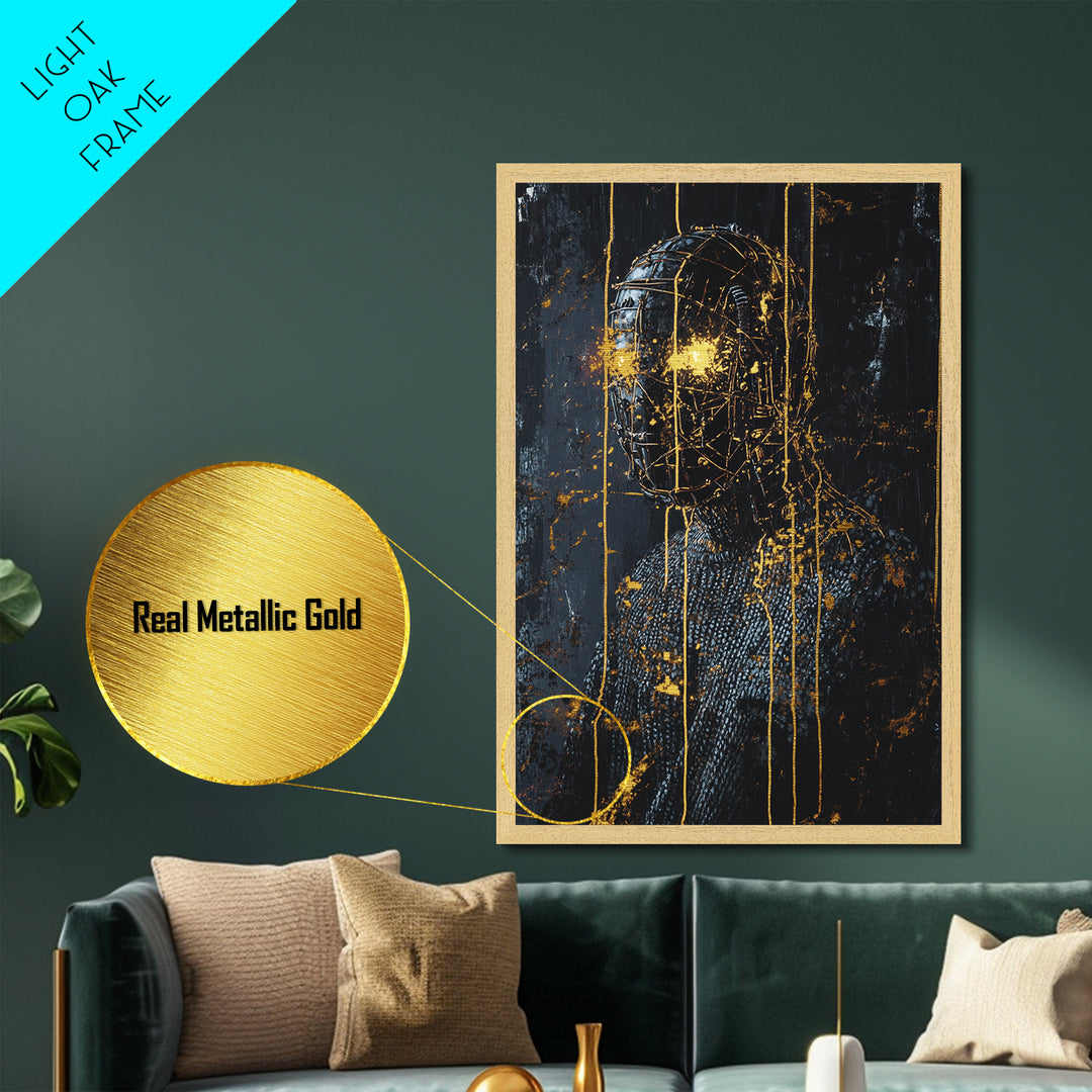 Cyber Horror Mask Metallic Gold Art, Creepy Halloween Techno Gothic Metal Art Portrait, framed with natural real wood