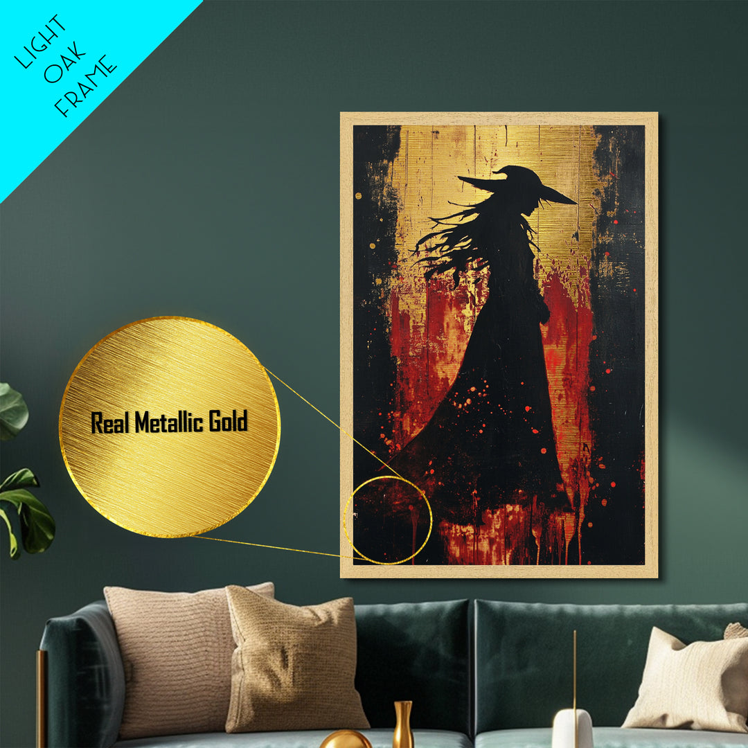 Witch Silhouette Blood Red Metallic Gold Art, Spooky Season Gothic Metal Art Painting, Halloween wall decor with wood frame