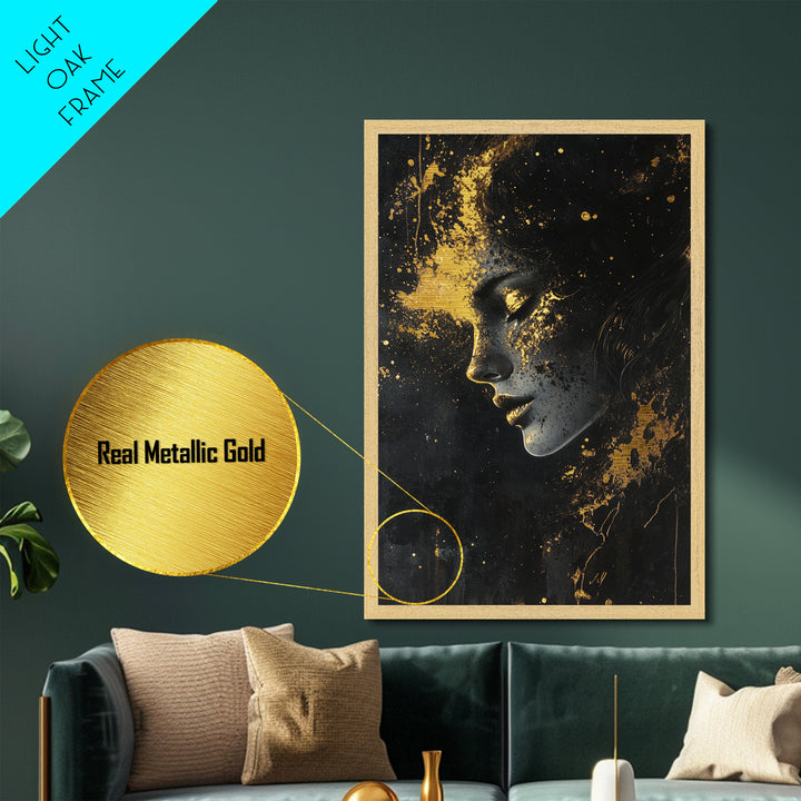 Ethereal Haunted Face Metallic Gold Art, Spooky Season Gothic Glow Metal Art Portrait, crafted and framed in real wood