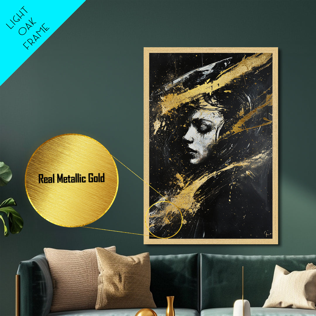 Abstract Haunted Portrait Metallic Gold Art, Gothic Spooky Season Metal Art Face Painting, framed in rustic real wood