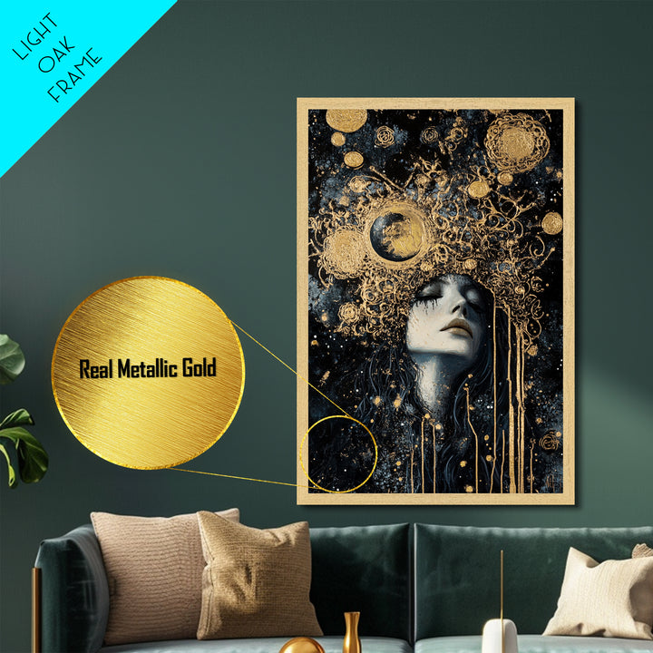 Celestial Gothic Queen Metallic Gold Art, Spooky Season Witchy Cosmic Metal Art, Halloween horror decor in real wood frame