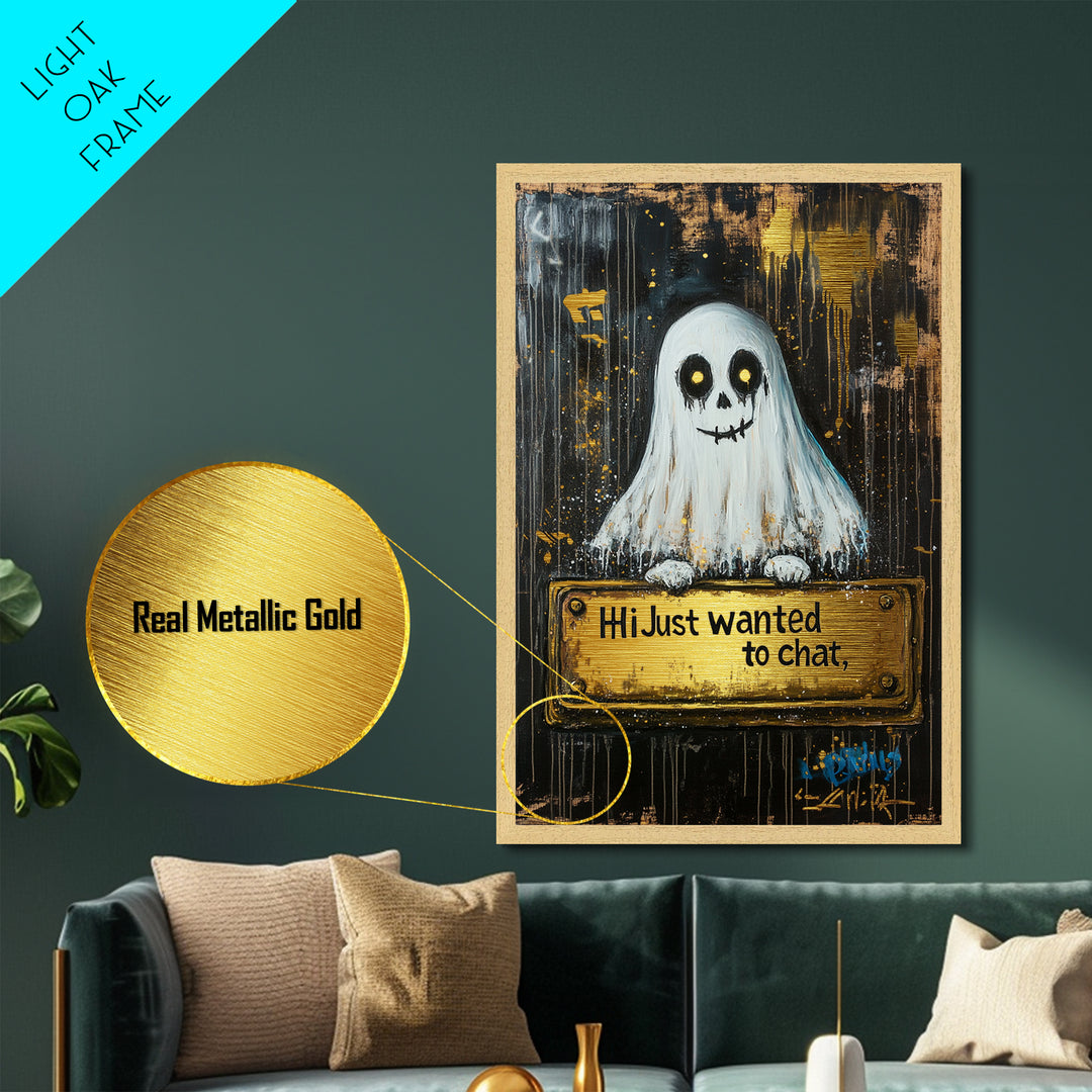 Spooky Ghost Greeting Wall Decor, Metallic Gold Art Metal Art with Natural Wood Frame, Halloween Haunted Gothic Artwork