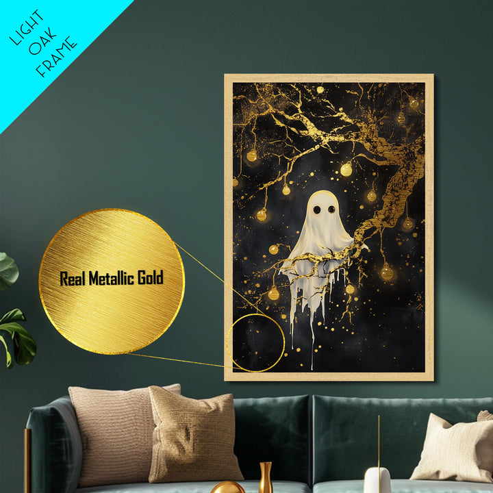 Haunted Tree Ghost Halloween Decor, Metal Art Metallic Gold Art in Real Wood Frame, Spooky Gothic Night Wall Hanging