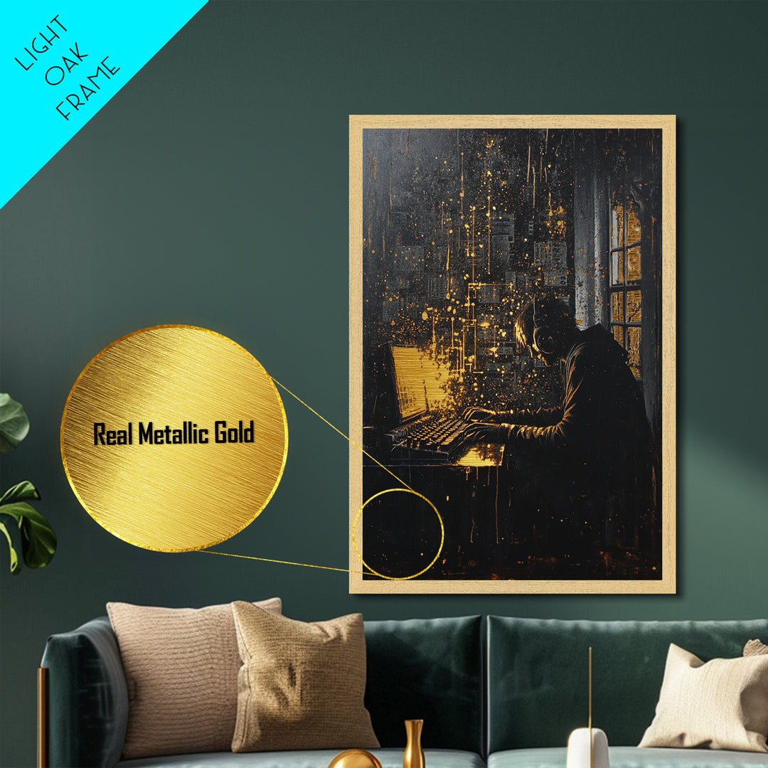 Dark Hacker at Computer Halloween Wall Art, Metallic Gold Art Metal Art Framed in Solid Wood, Spooky Tech Gothic Decor