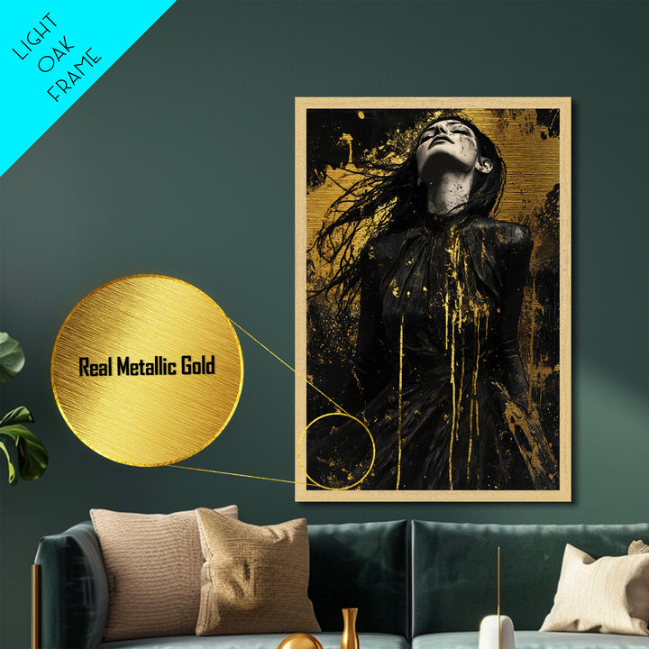 Dark Enchanted Woman Metallic Gold Art Metal Art Spooky Gothic Halloween Horror Wall Hanging framed with real wood