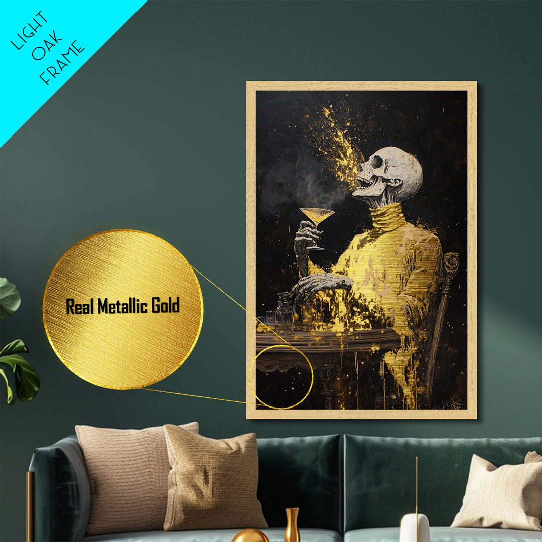 Skeleton Toasting Halloween Party Print, Metal Art Metallic Gold Art with Real Wood Frame, Gothic Haunted Bar Wall Decor