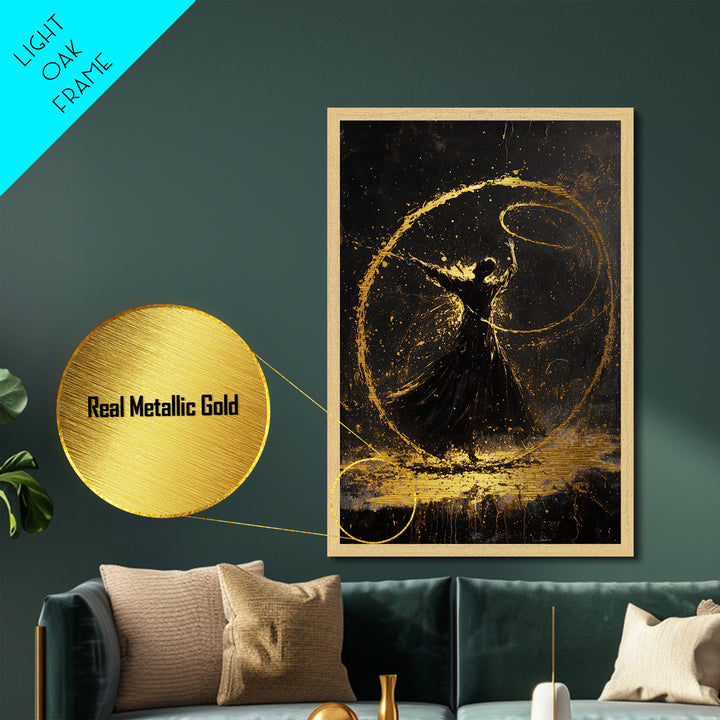 Witchy Dance Circle Halloween Painting, Metallic Gold Art Metal Art Framed in Natural Wood, Spooky Magical Gothic Artwork