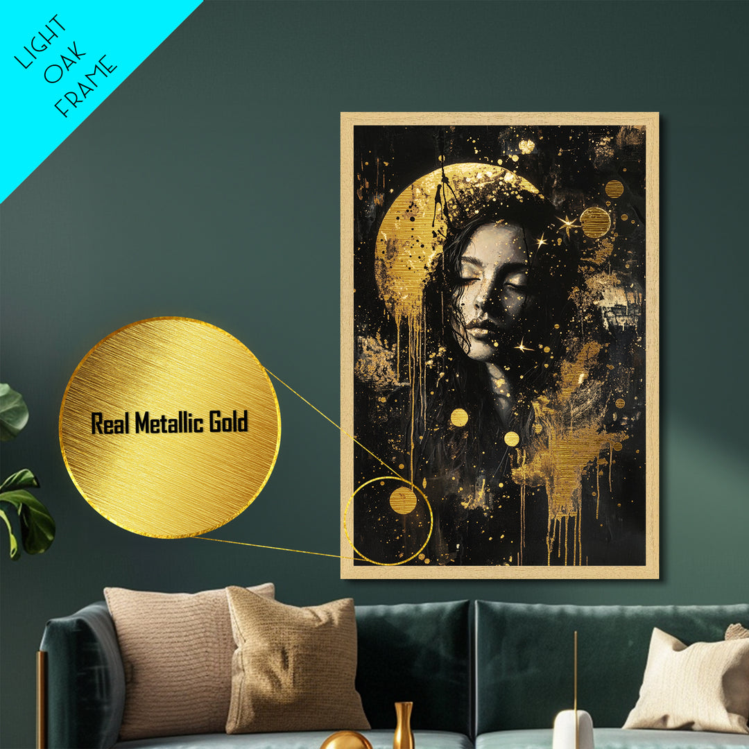 Moonlit Gothic Woman Halloween Portrait, Metal Art Metallic Gold Art in Real Wood Frame, Haunted Spooky Season Wall Decor